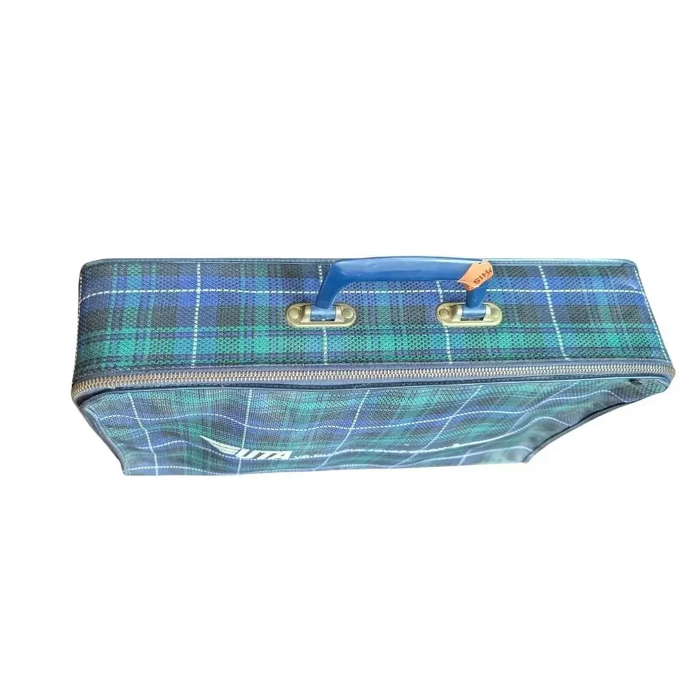 Vtg UTA French Airlines Cabin Suitcase Tartan Plaid Carry On Bag Small 1950s